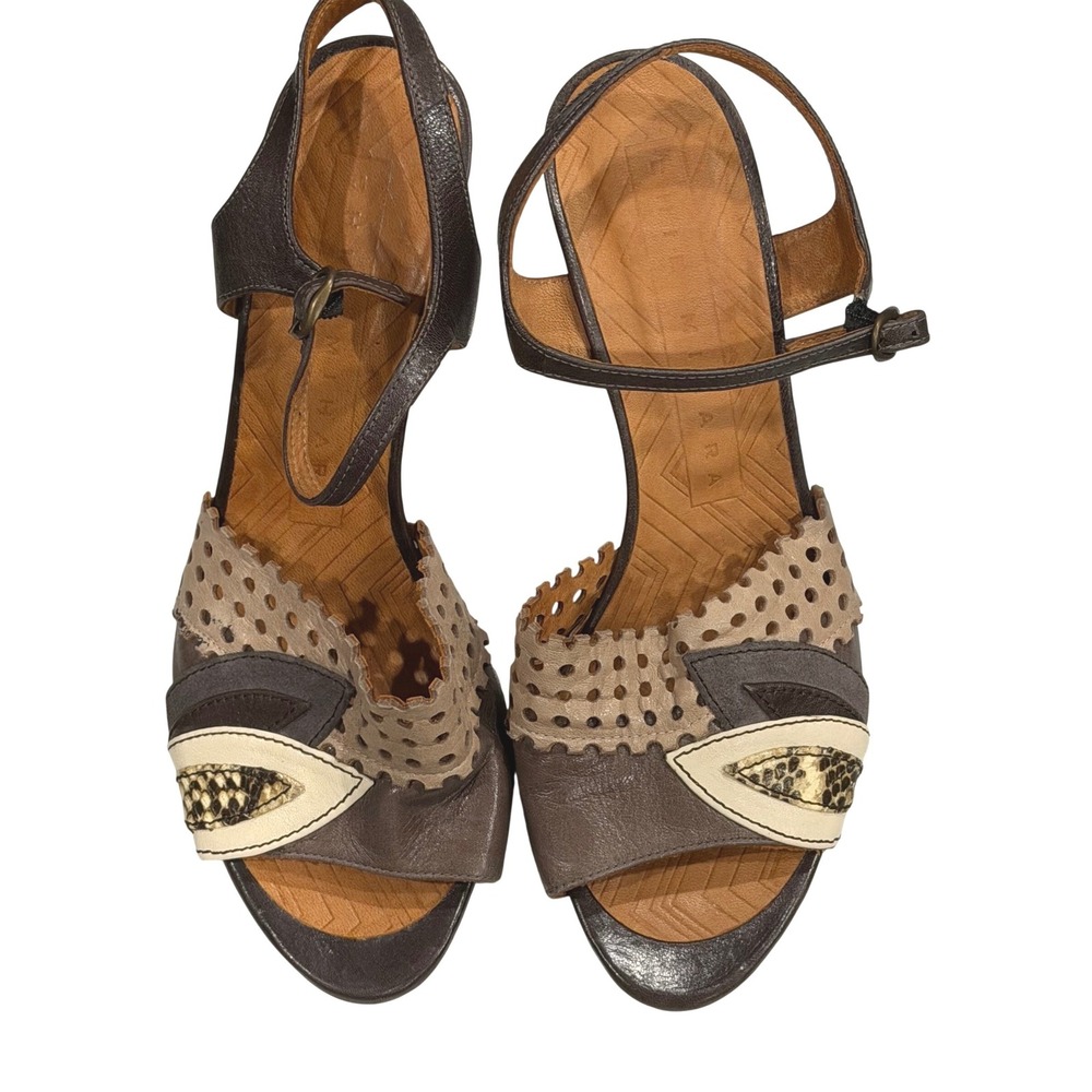 Chie Mihara Vulcano Heel Strap Sandal Womens 8.5 Brown Taupe Perforated Leather - Picture 3 of 16